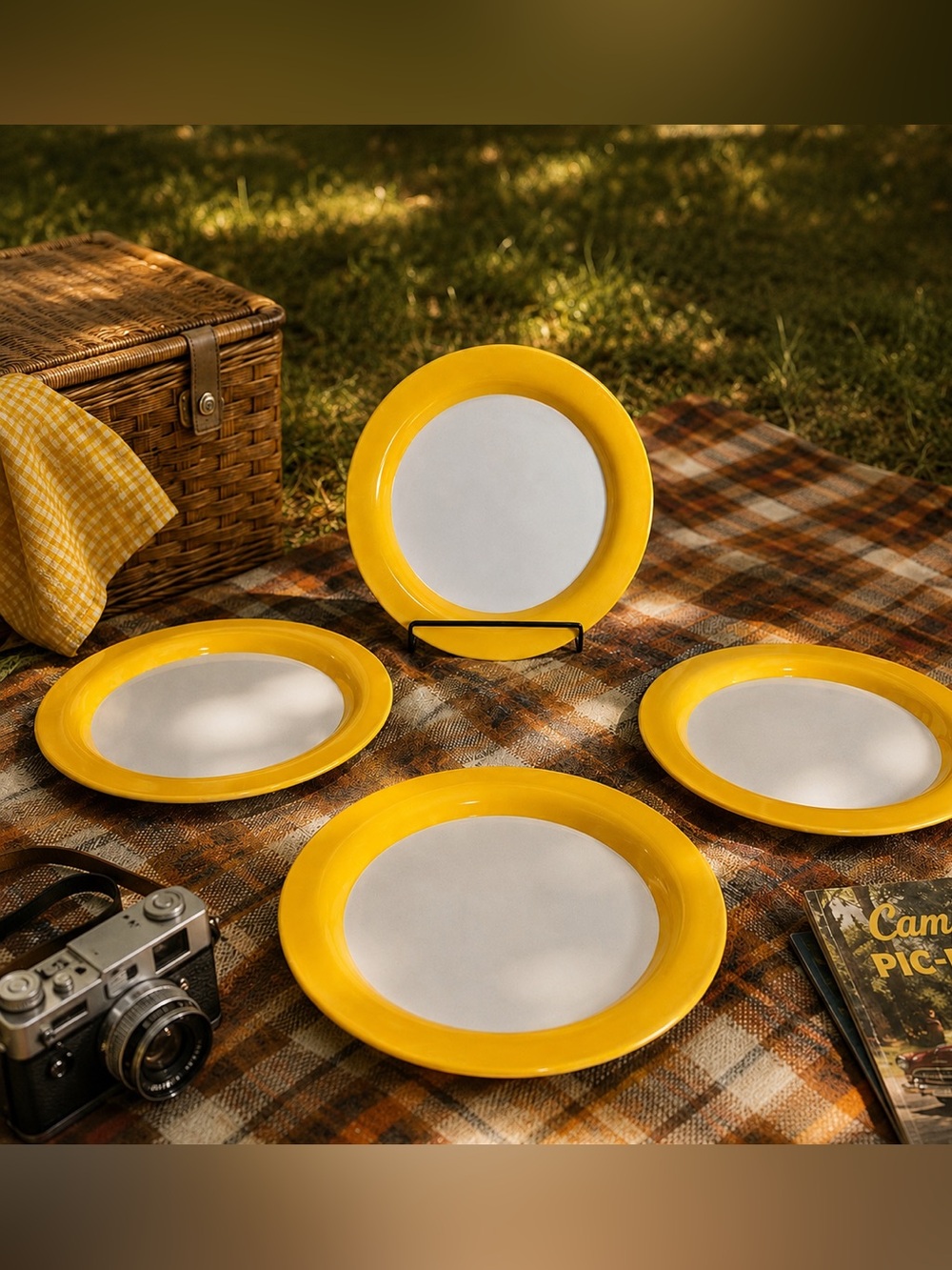 CAMELEON MELAMINE PLATES – YELLOW & WHITE RETRO – SET OF 4